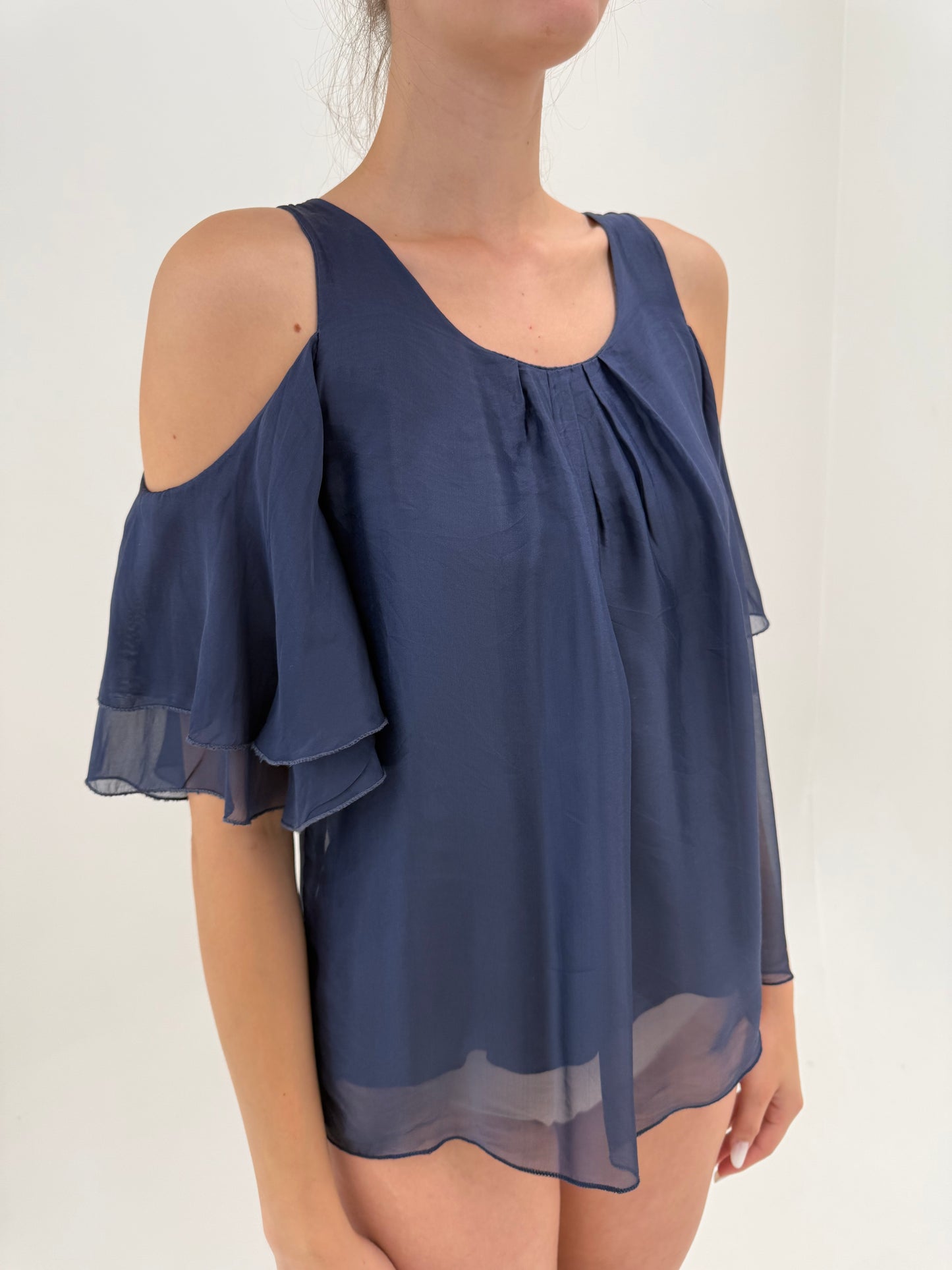 Top drapat jeans blue din mătase naturală