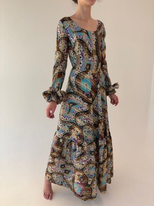 Rochie vintage maxi de seară cu print paisley și inserții fine aurii
