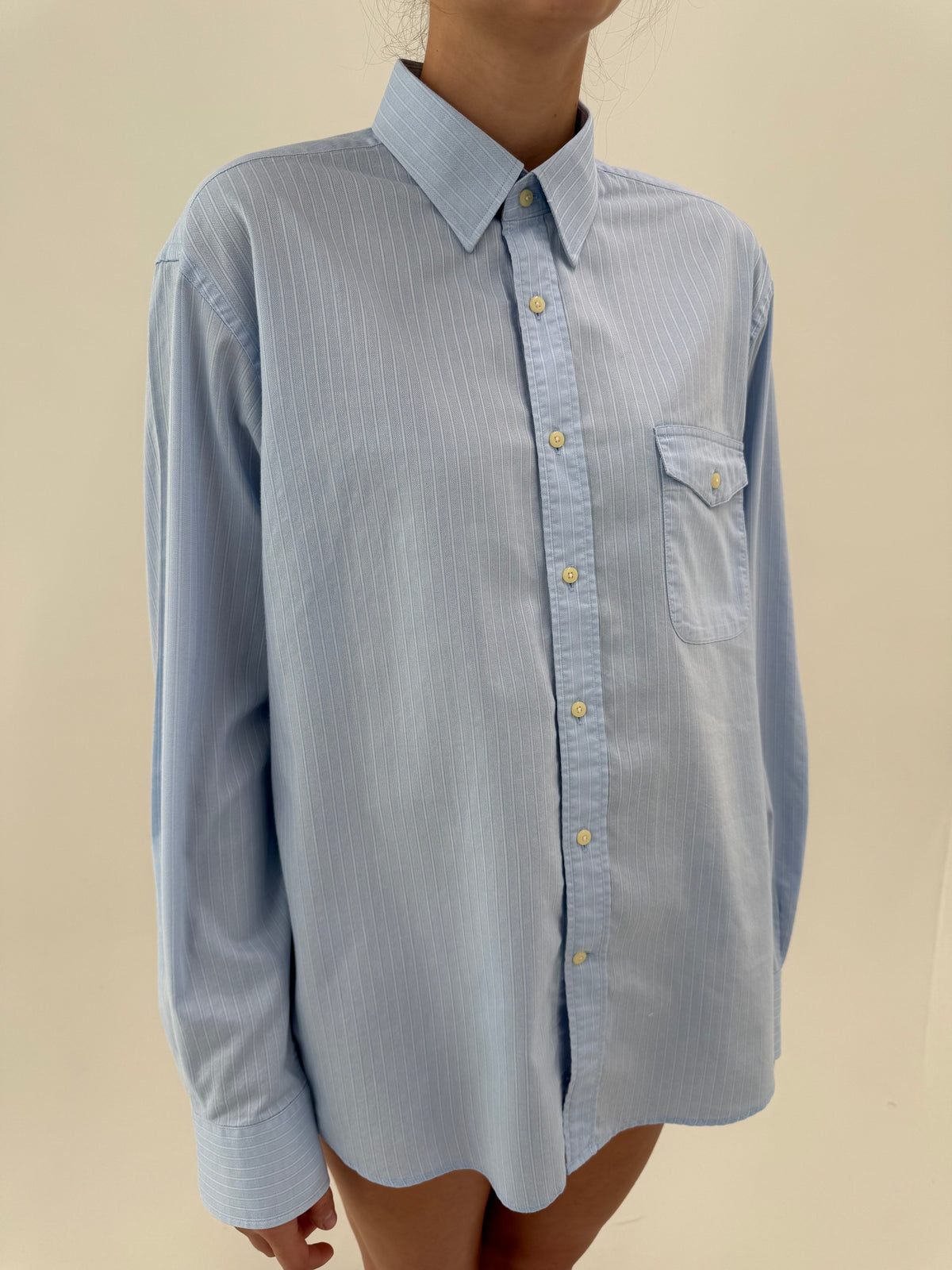 Cămașa luxury Cacharel baby blue din bumbac gros pique cu dungi fine