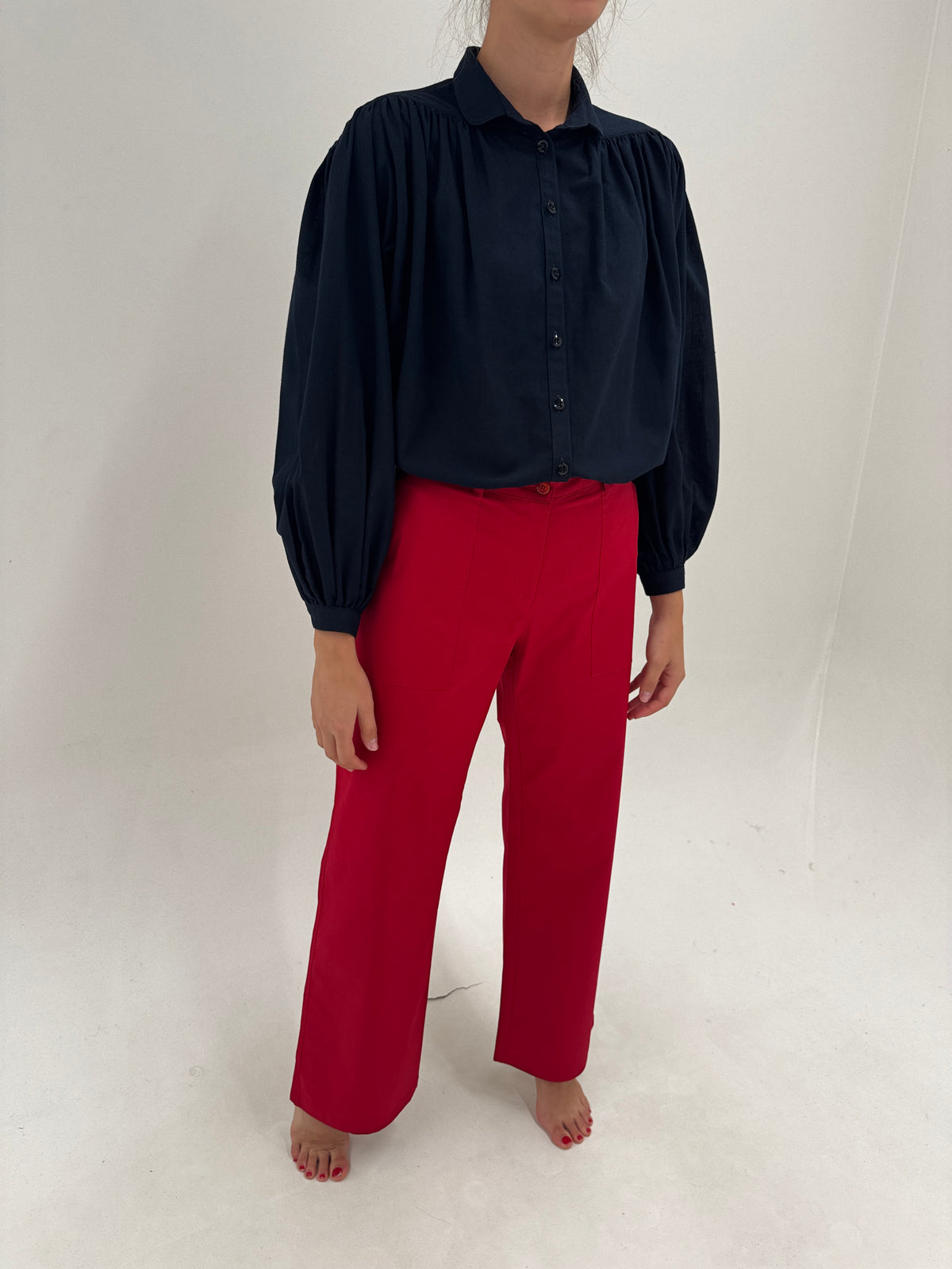 Pantaloni italienești dark cherry red din bumbac gros modelator cu solduri generoase