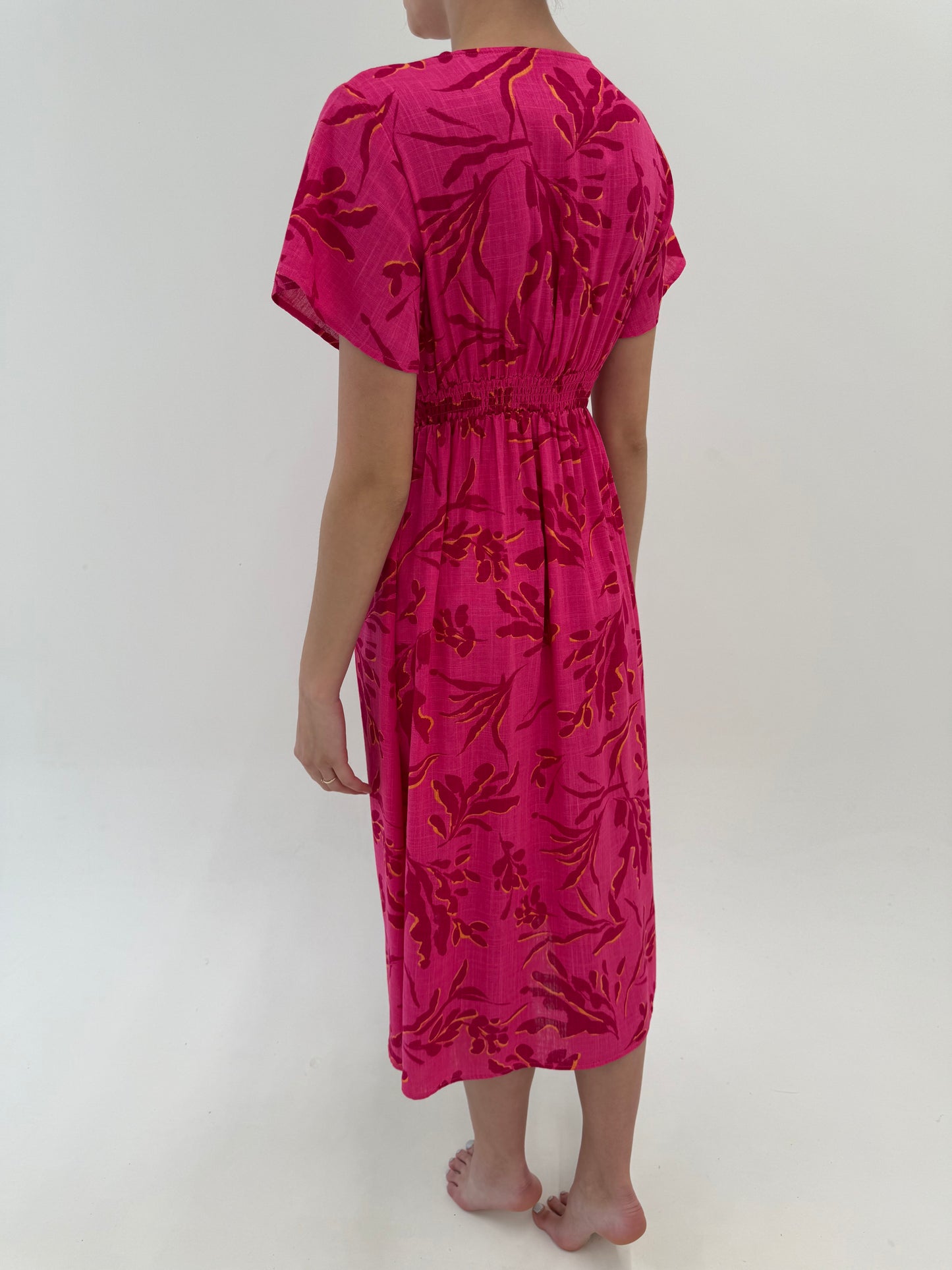 Rochie maxi fucsia din pânză de in cu taie elastică