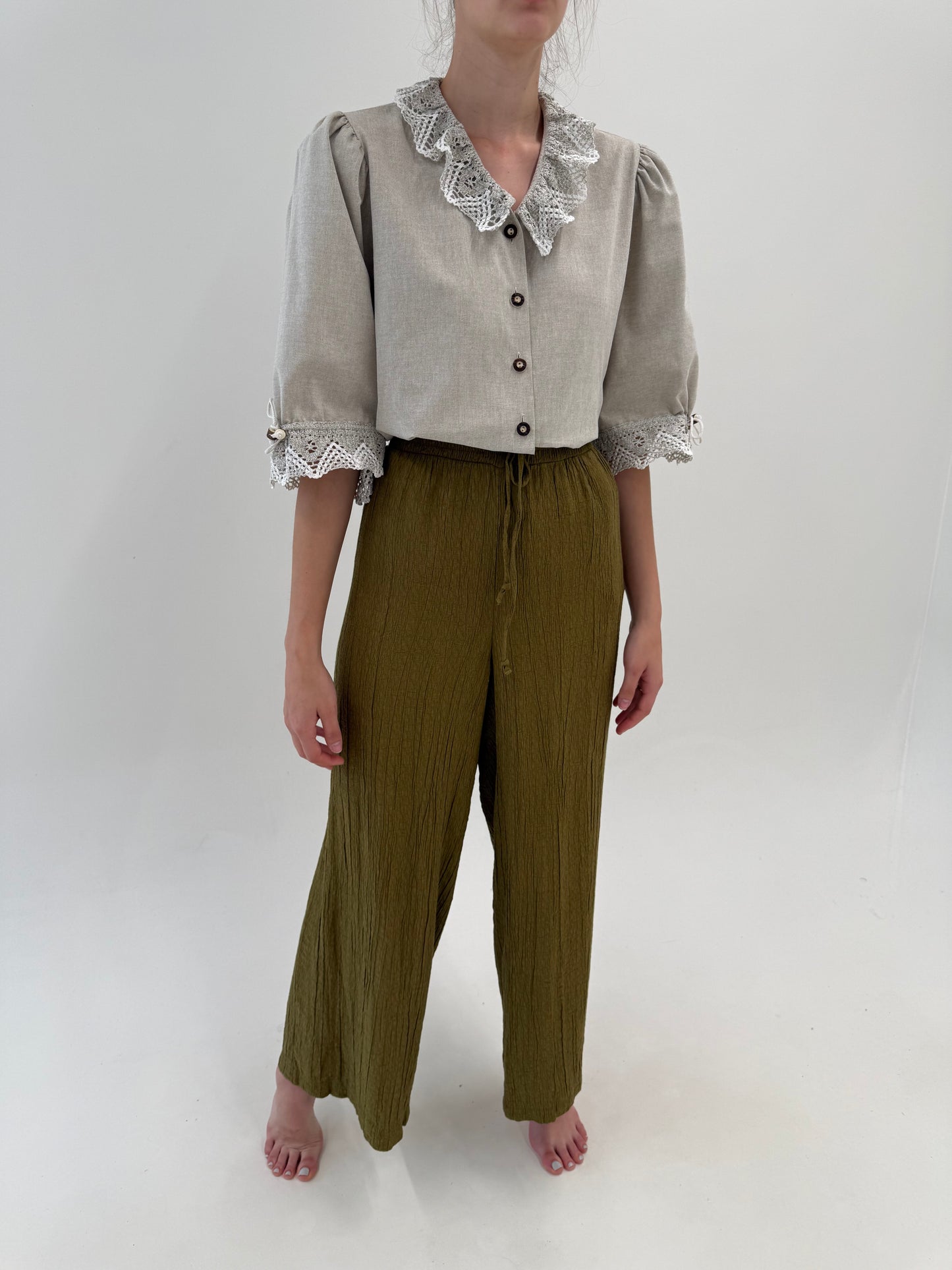 Pantaloni tall kaki din panzica no iron cu talie ultra înaltă elastică