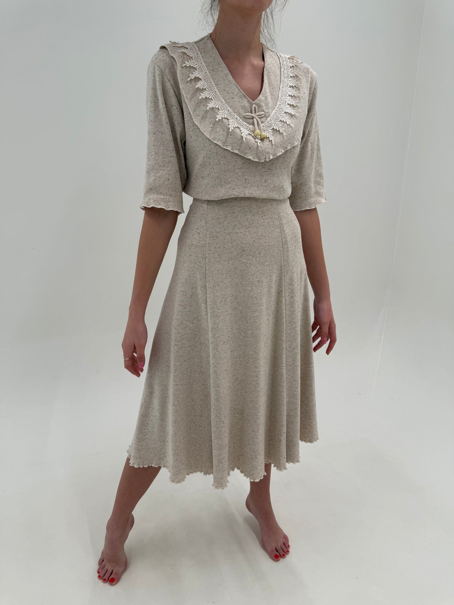 Set nude cu inserție de dantelă macrame din jerse ribbed structurat de bumbac