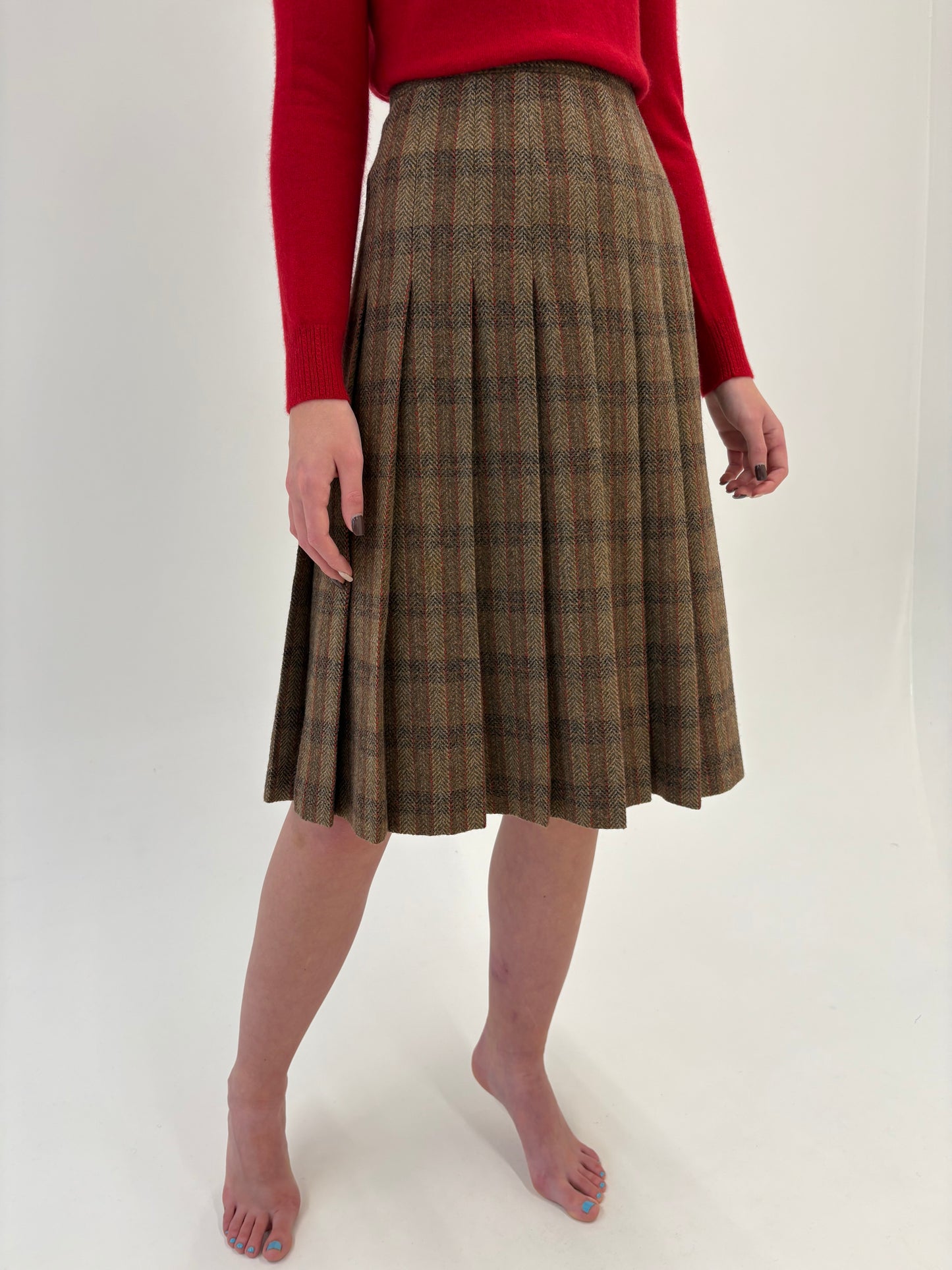 Fustă vintage plisată dark camel în carouri burgundy din lana groasă