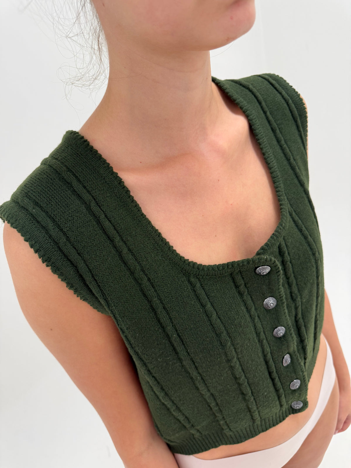 Corsaj / vestă cambrata vintage dark green din lana extrafina cu nasturi metalici