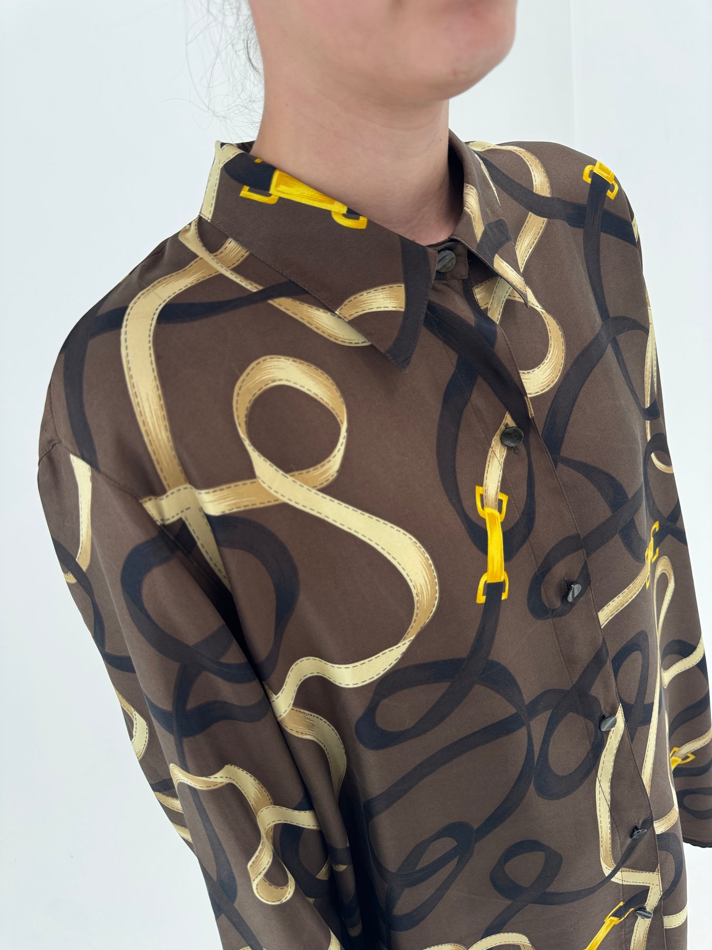Cămașa de brand luxury plus size Marina Rinaldi din twill de mătase naturală cu print baroc