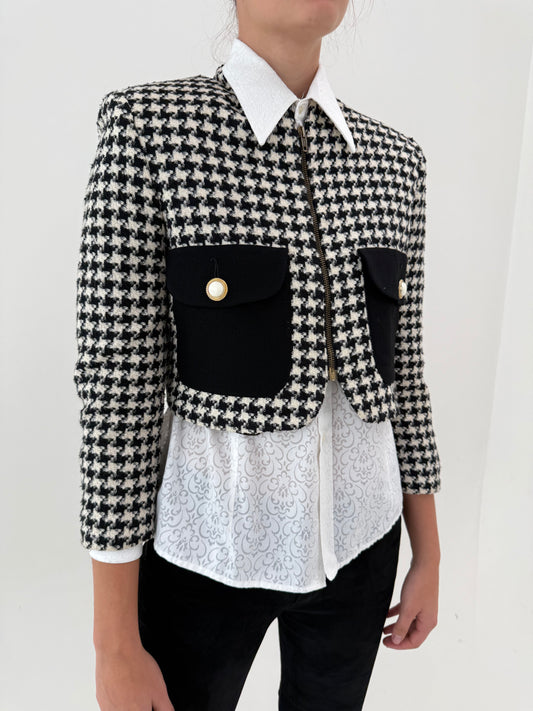 Sacou petite vintage italian din tweed pied de coq de lana extrafina în croi cropped
