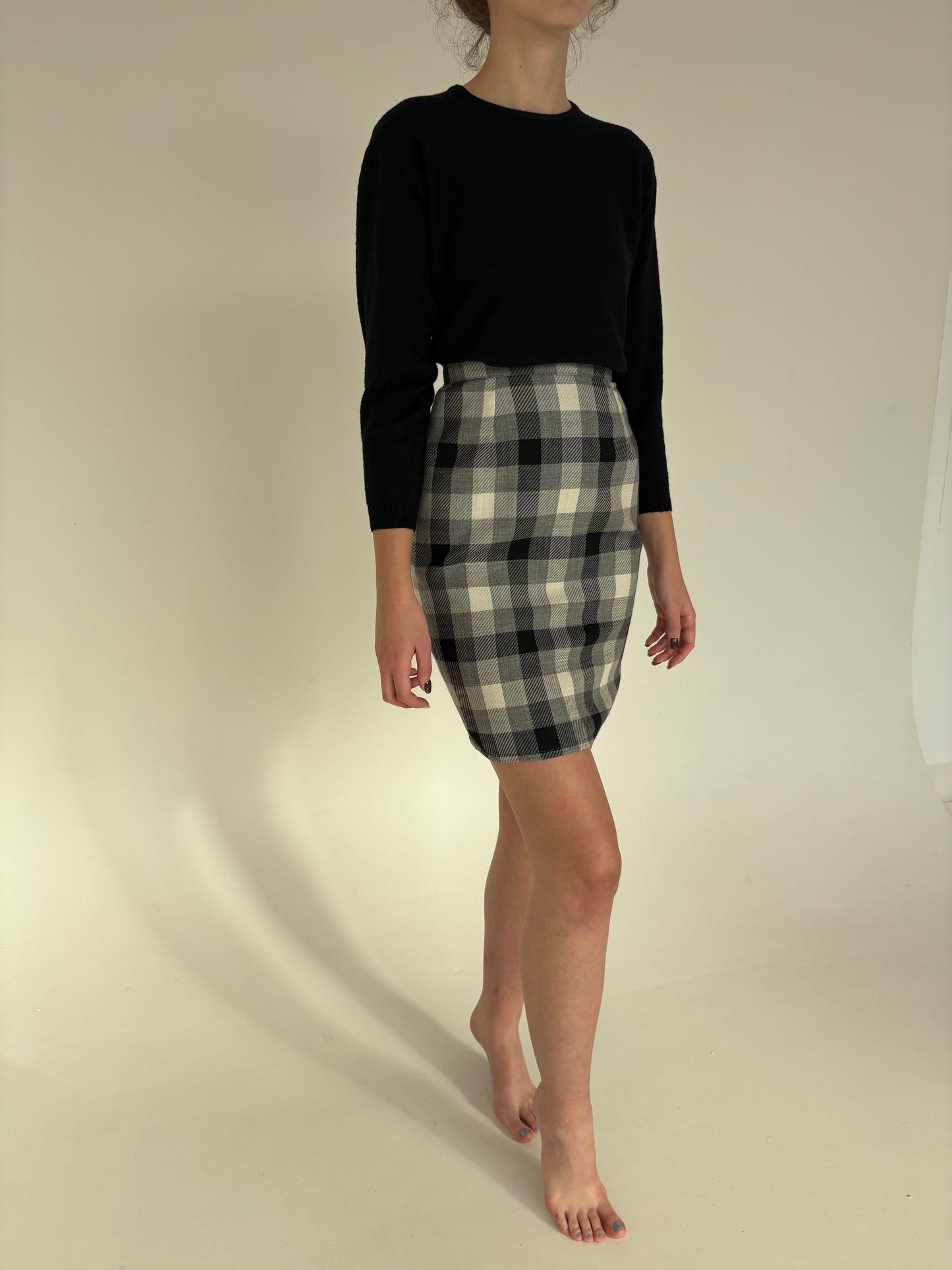 Fustă conică cu talie ultra înaltă în carouri din lana extrafina plină