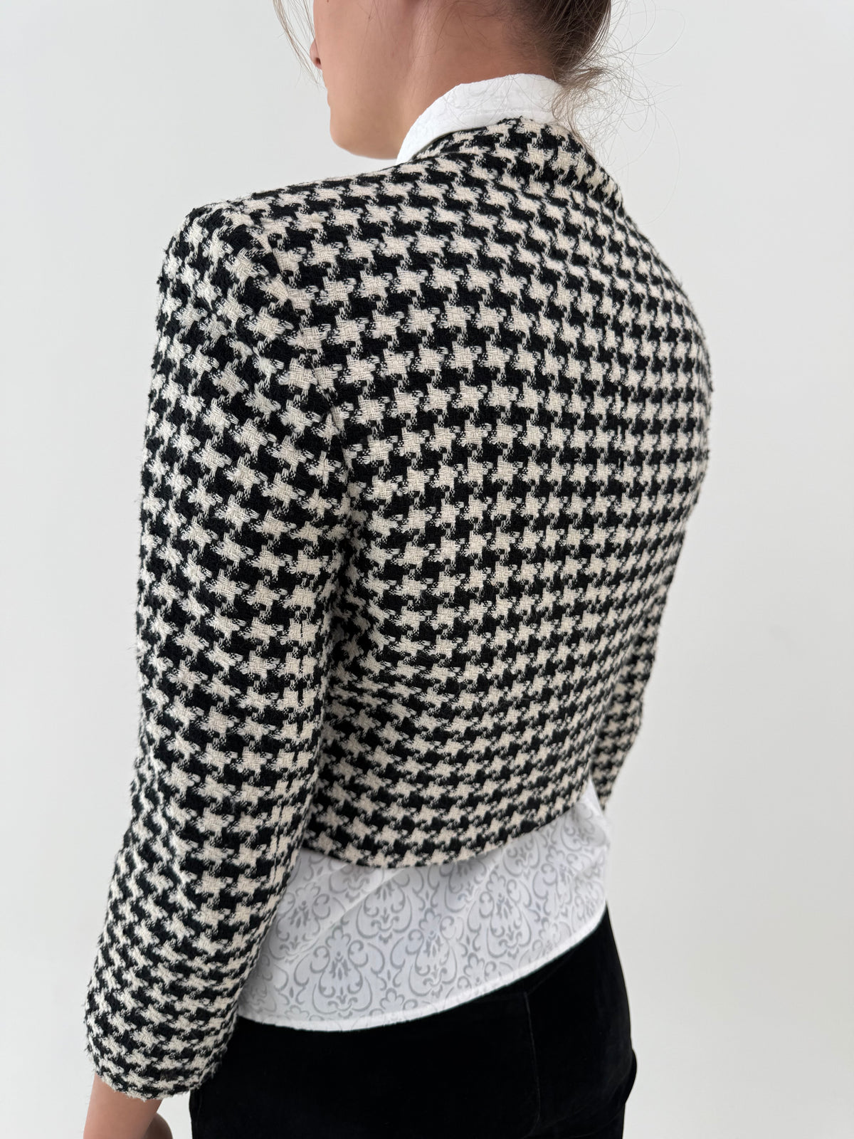 Sacou petite vintage italian din tweed pied de coq de lana extrafina în croi cropped