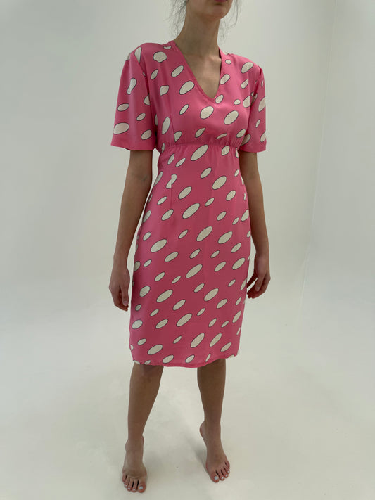 Rochie powder pink cu buline stilizate din mătase naturală