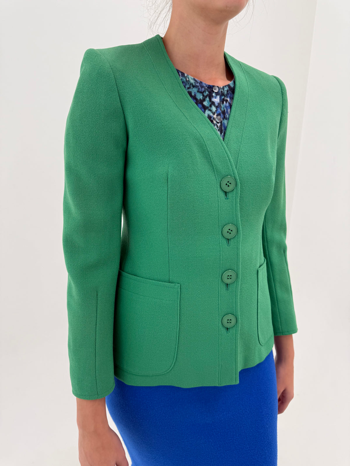 Sacou vintage Max Mara din lana extrafina emerald green cu buzunare aplicate cambrat