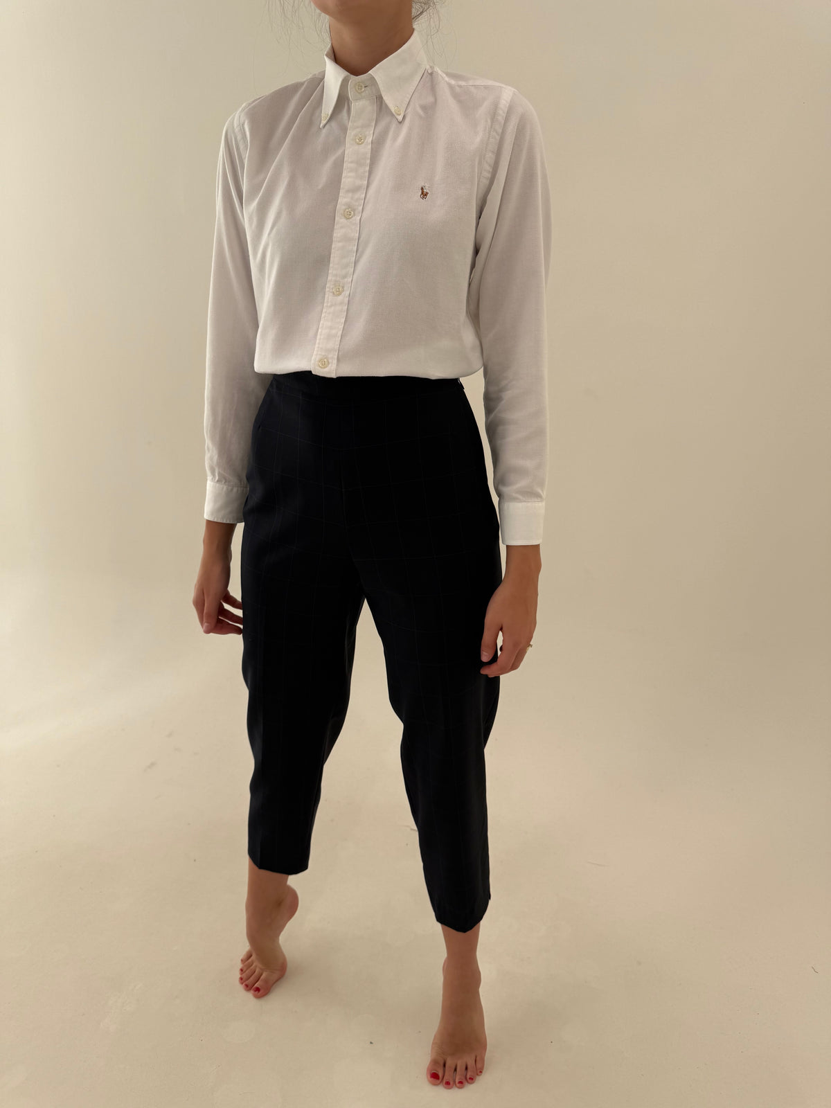 Pantaloni petite tigareta din lanita extrafina Navy blue în carouri fine camel