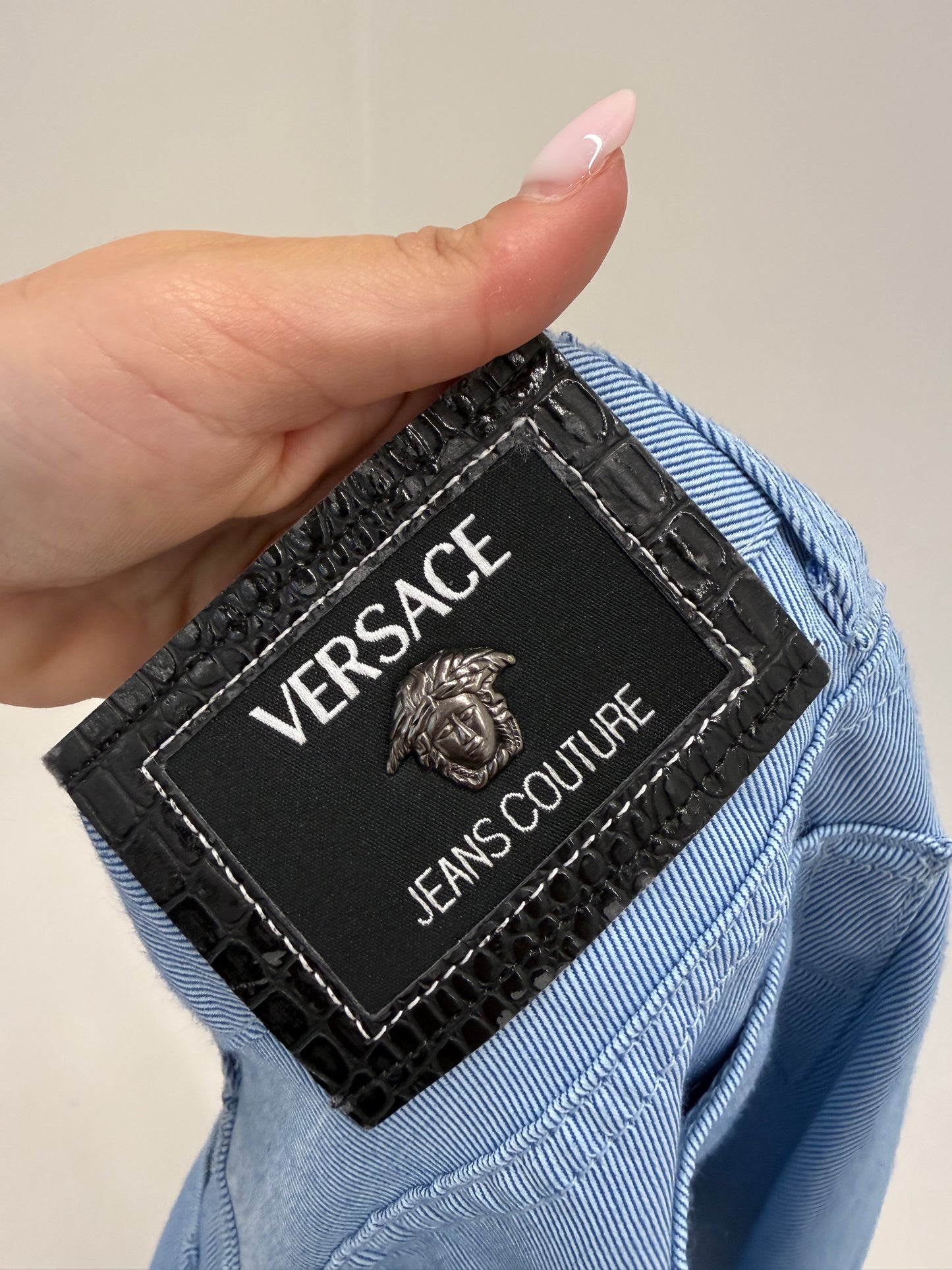Jeans Versace vintage baby Blue de vară cu talie ultra înaltă mom fit (solduri generoase)