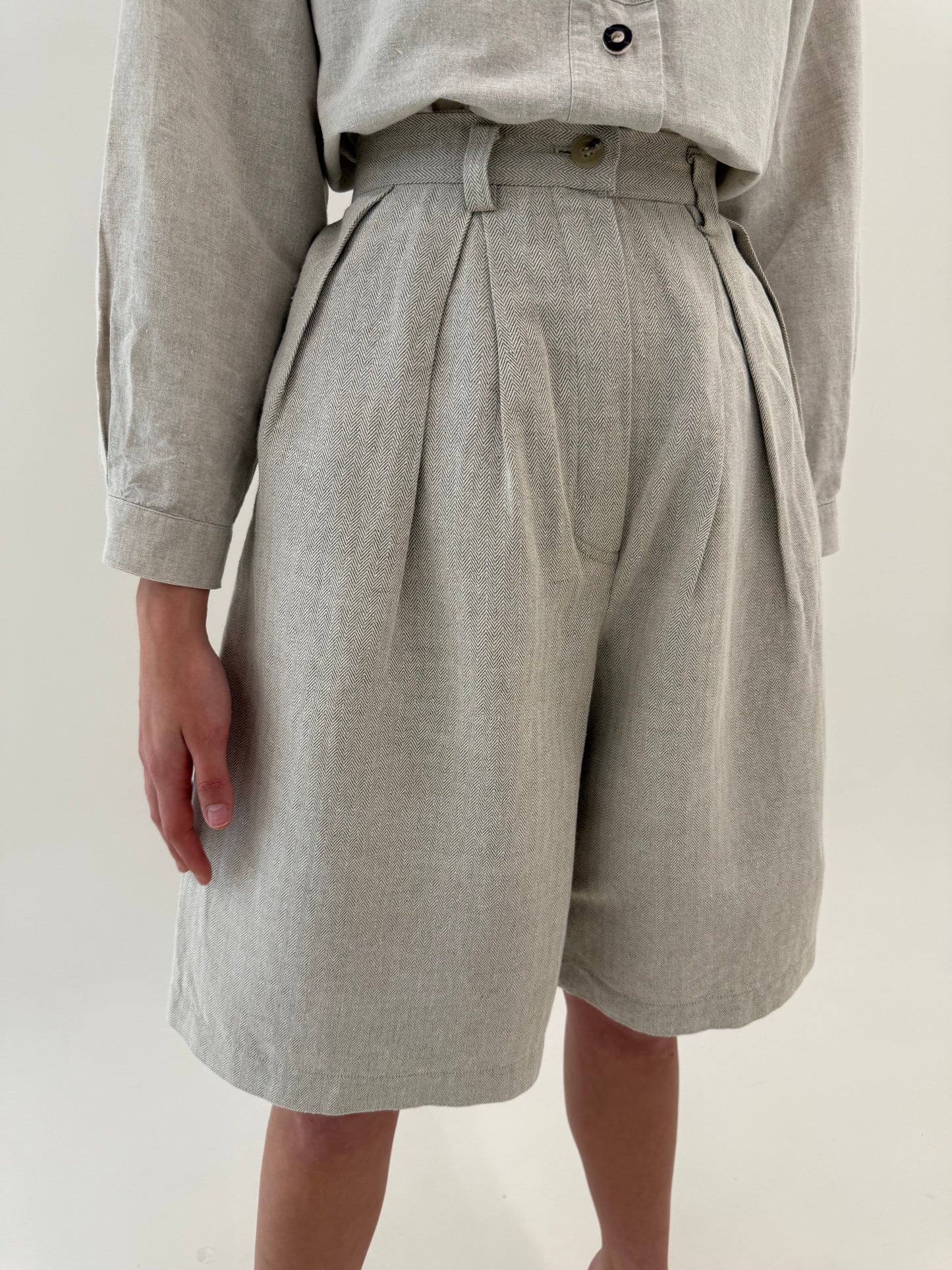 Pantaloni vintage din pânză grea de in Chevron cu talie ultra înaltă