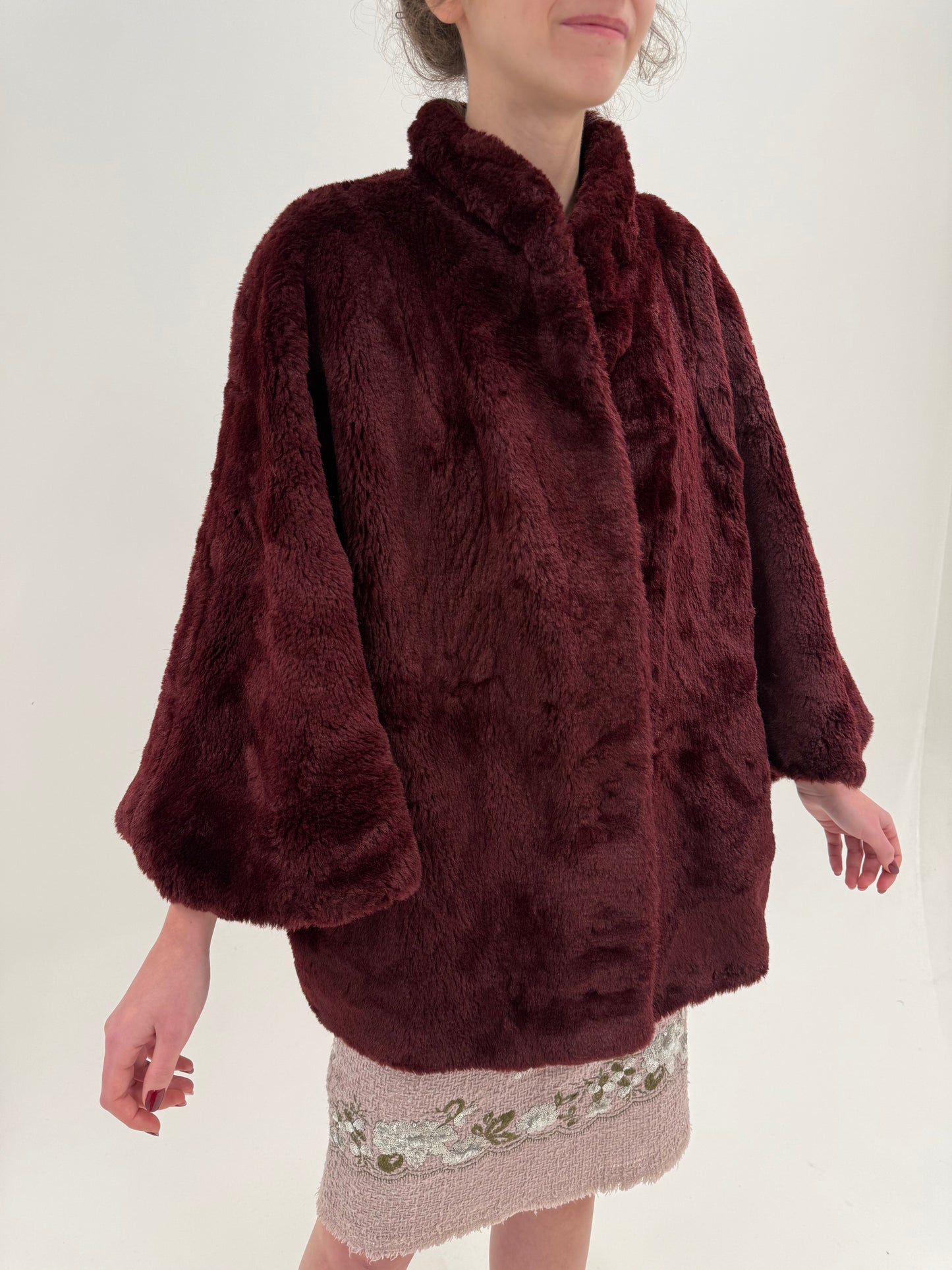 Capa burgundy tip Teddy coat în croi amplu