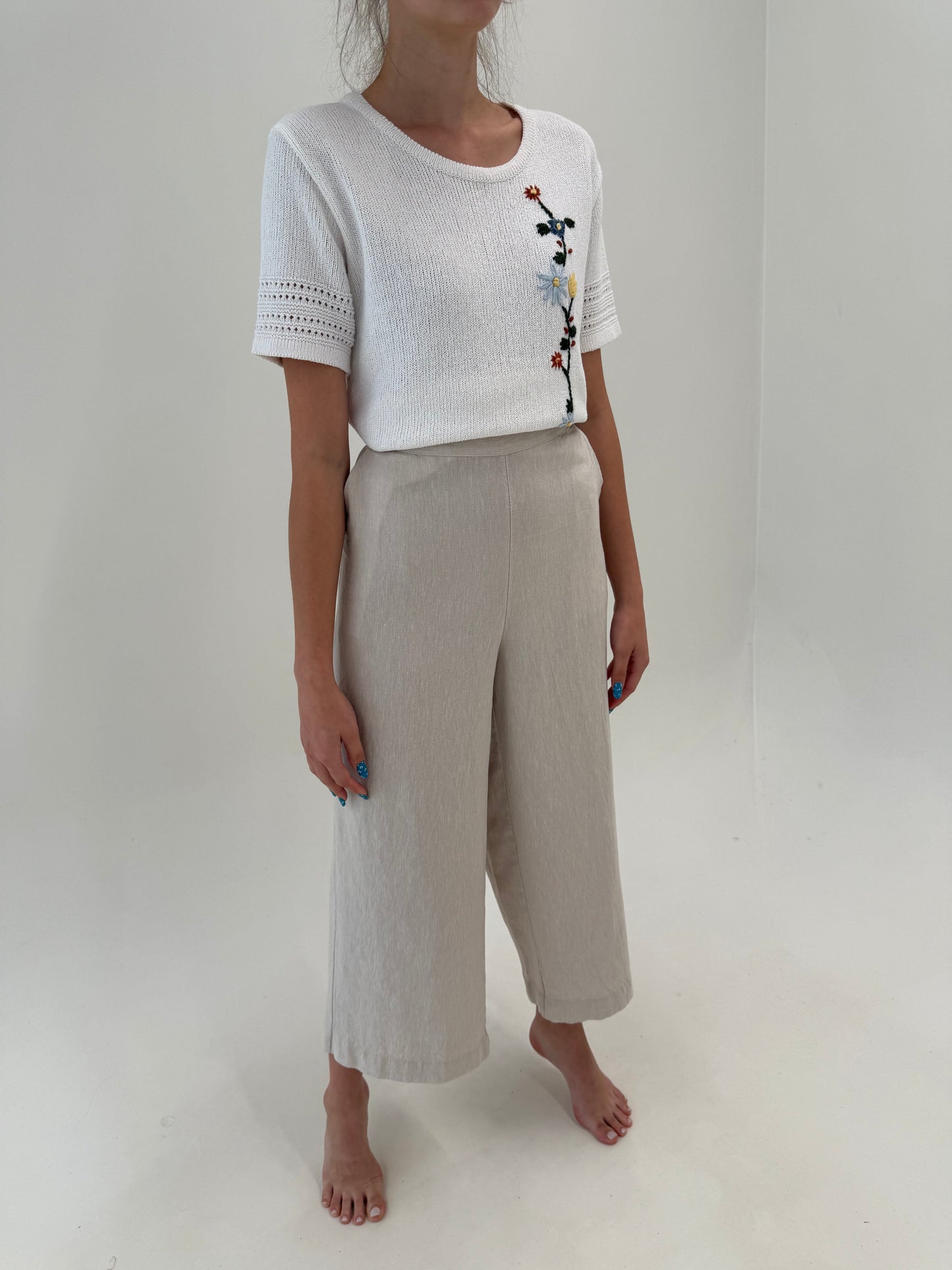 Pantaloni palazzk sand nude din in premium cu talie elastică