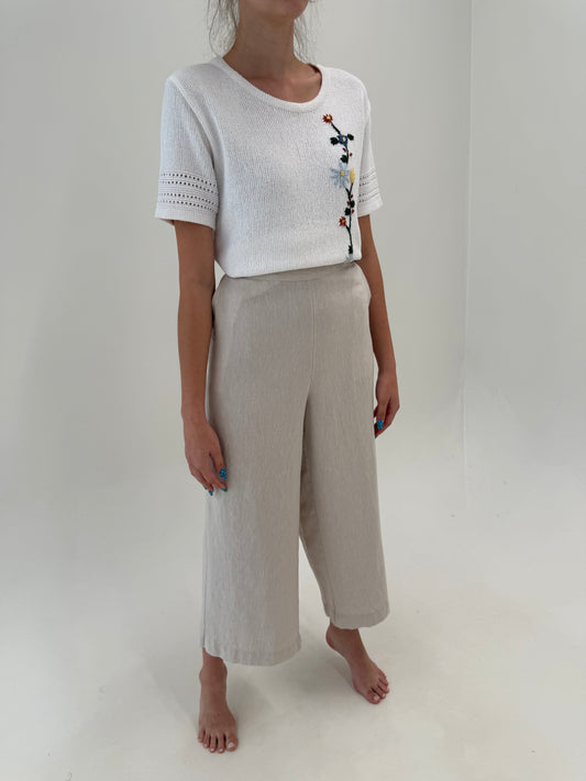 Pantaloni palazzk sand nude din in premium cu talie elastică