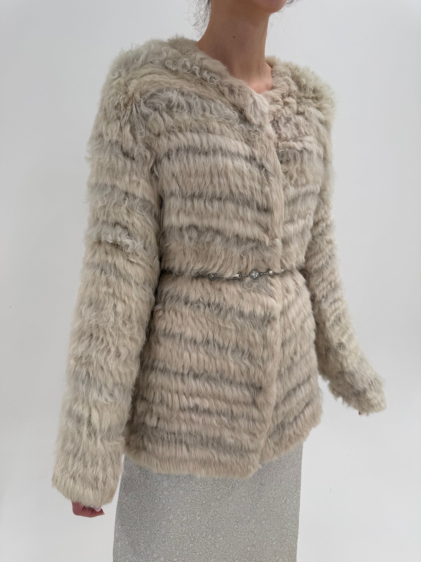 Blană naturală shearling clipită cu inserții din blană de iepure