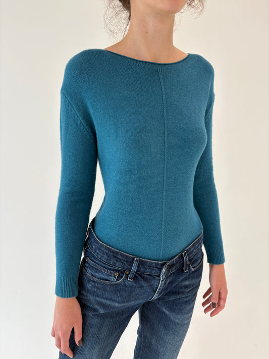 Pulover în croi lejer dark turquoise din mix de lana extrafina