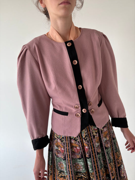 Sacou cambrat vintage old rose pink din lana extrafina