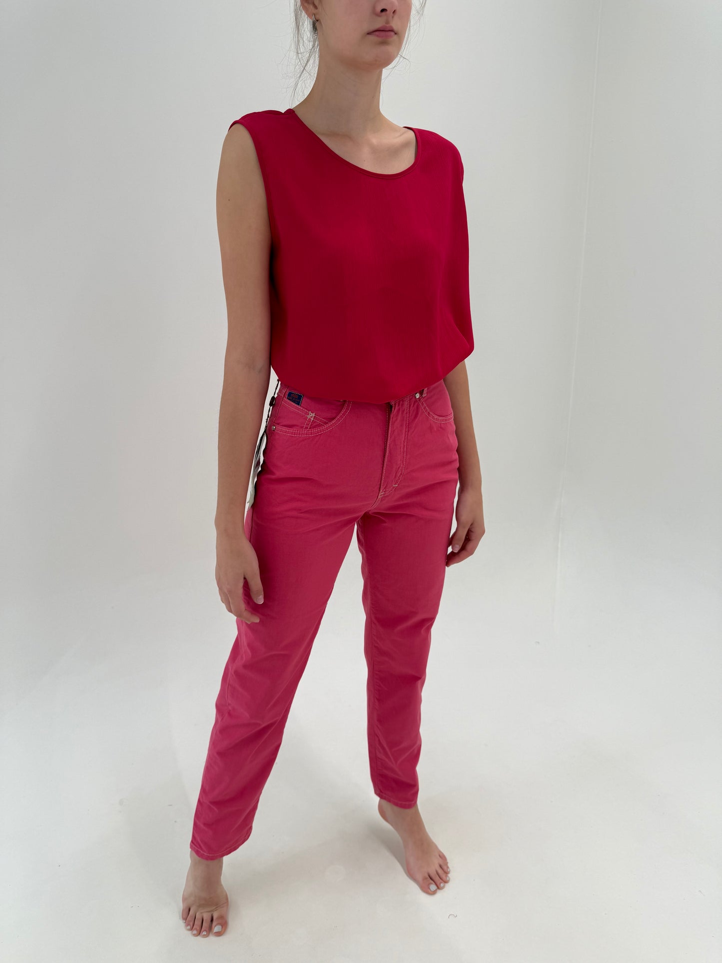 Pantaloni vintage noi din poplin de bumbac fucsia tall