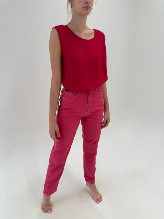 Pantaloni vintage noi din poplin de bumbac fucsia tall