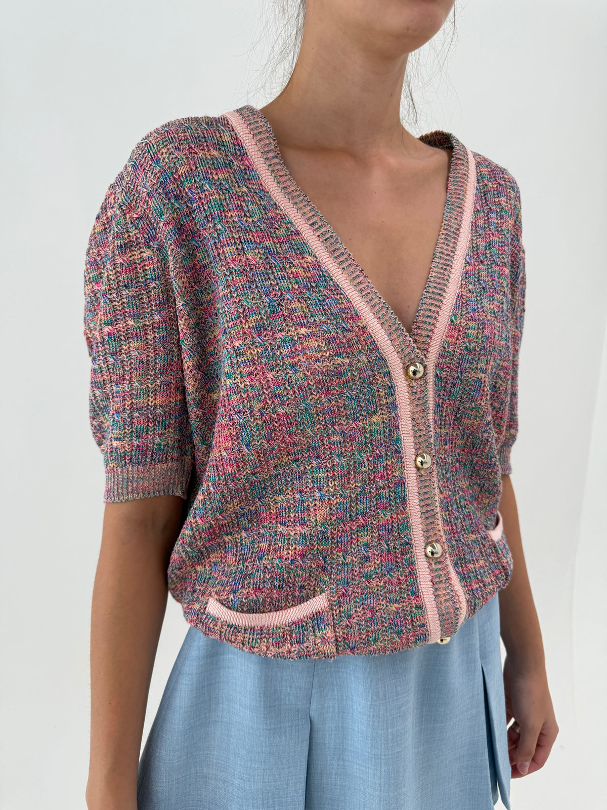 Top în stil chanel din tricot de bumbac curcubeu de gramaj mare