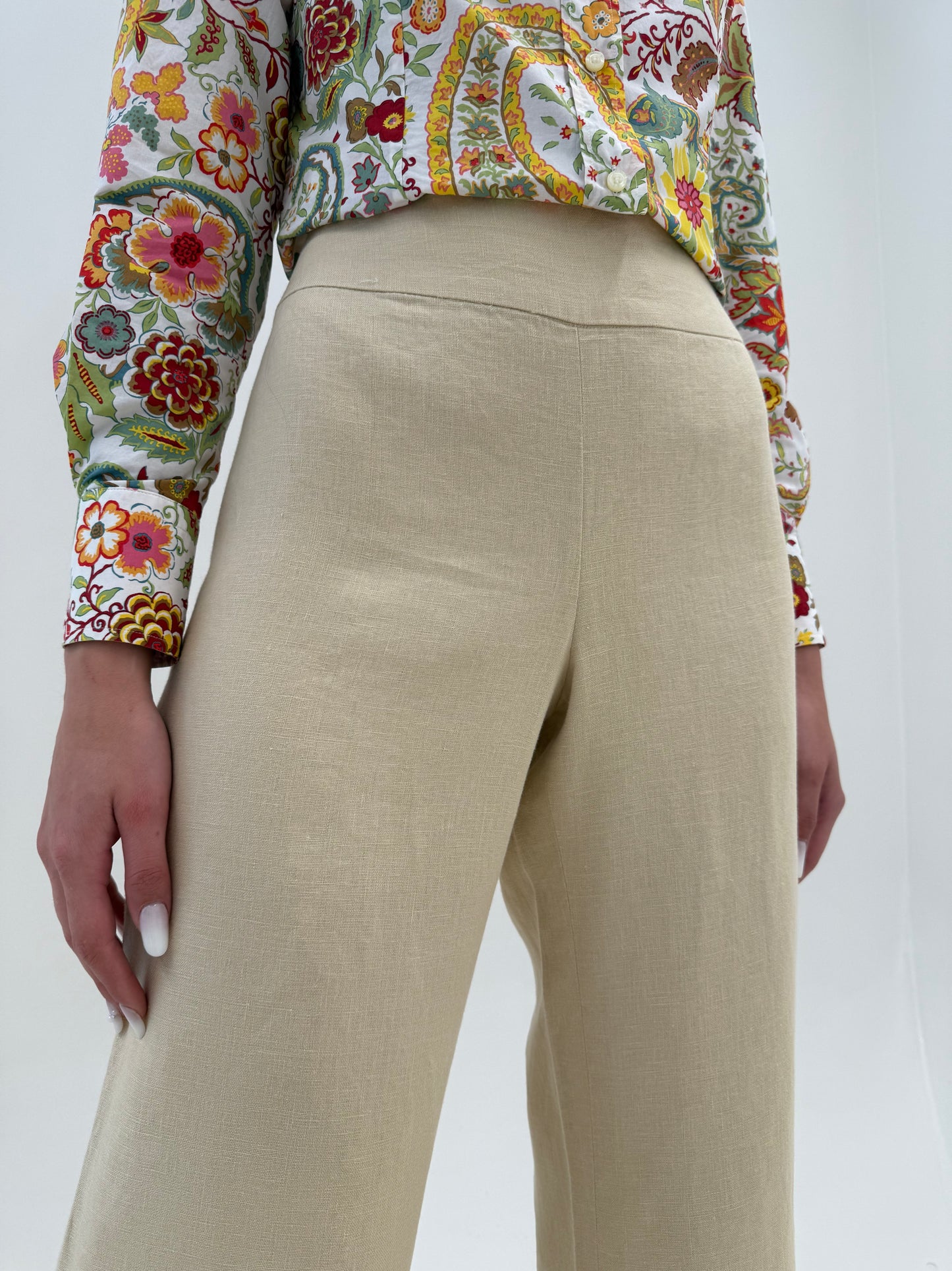 Pantaloni Ralph Lauren tall  camel din pânză excepțională de in în croi drept