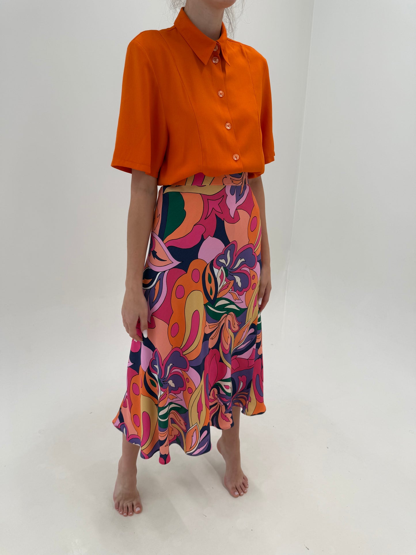 Fustă maxi cu print în stil Pucci super vaporoasă și talie elastică în bie