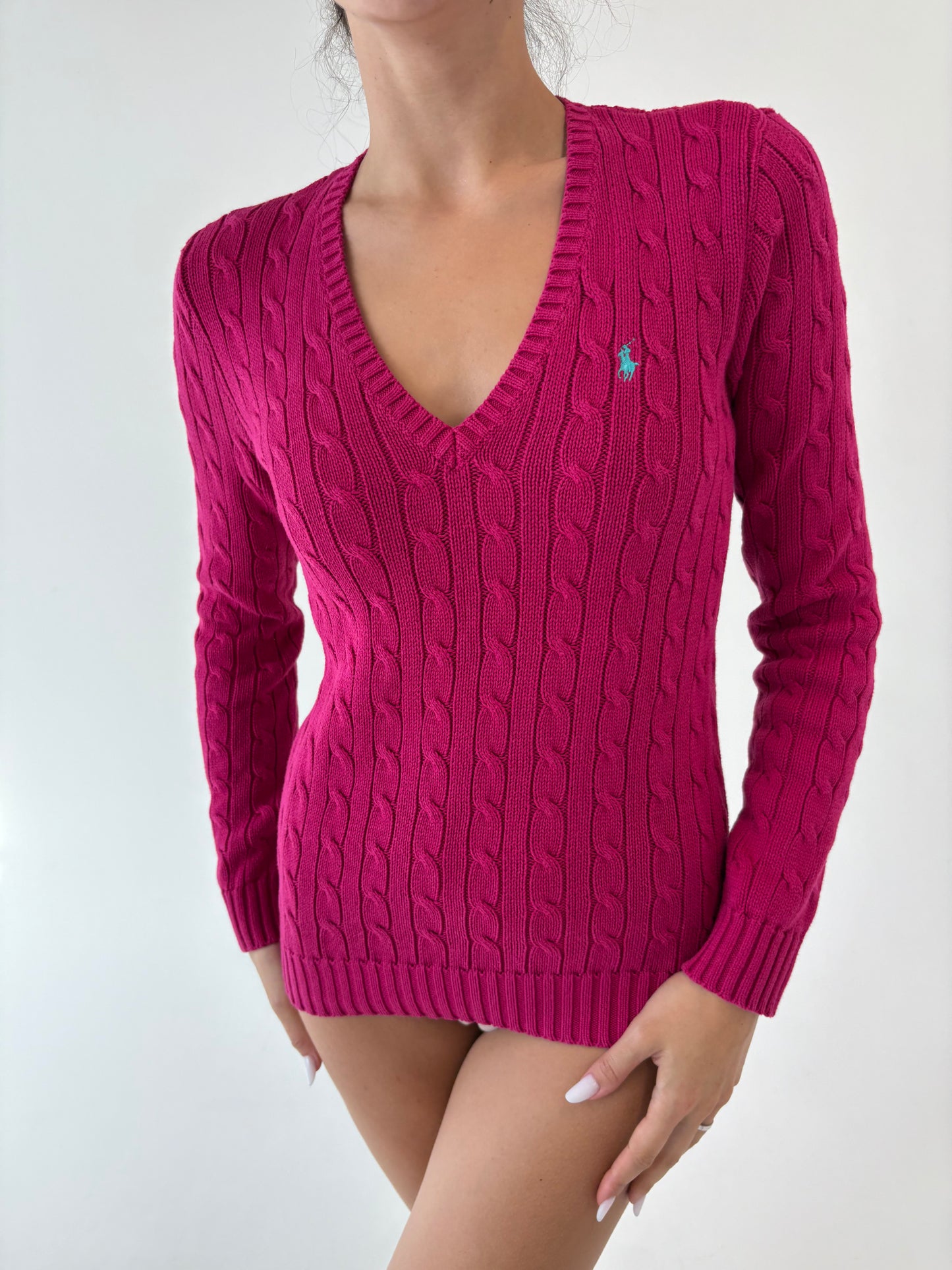 Pulover cu torsade fucsia Ralph Lauren din bumbac cu torsade