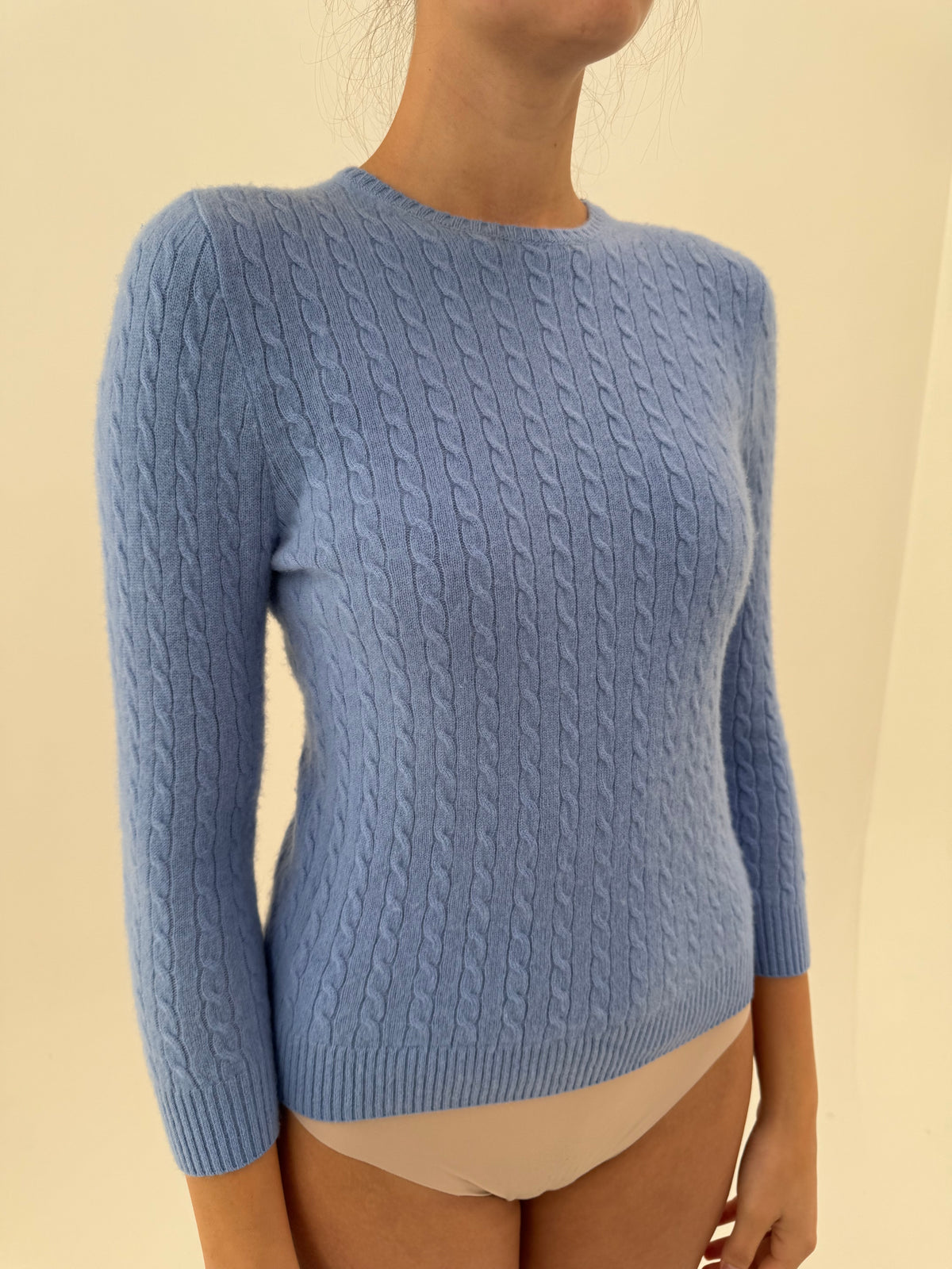 Pulover de brand premium baby blue din cașmir cu torsade