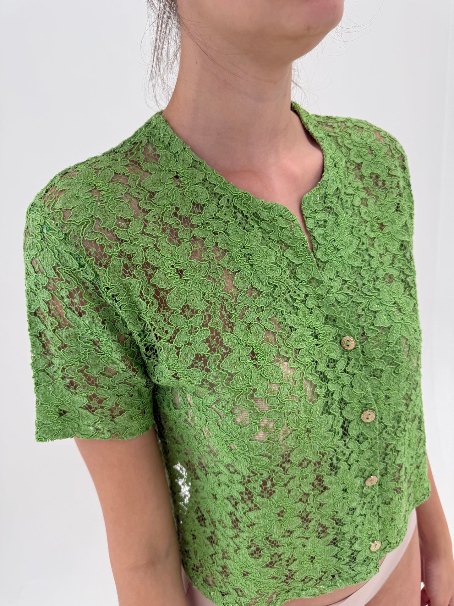 Top vintage verde crud din dantelă guipure ultra confort