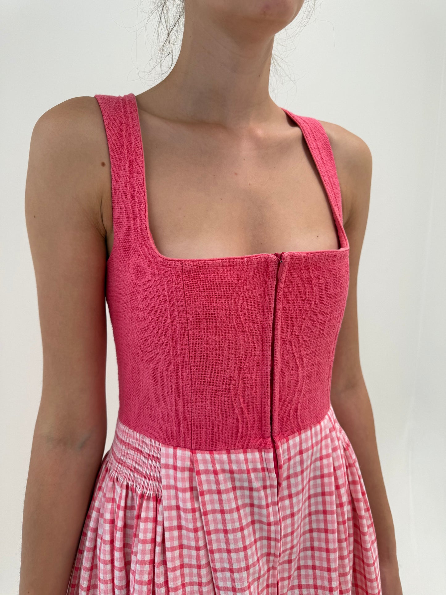 Rochie vintage maxi cu corsaj Barbie pink din pânză de in și bumbac