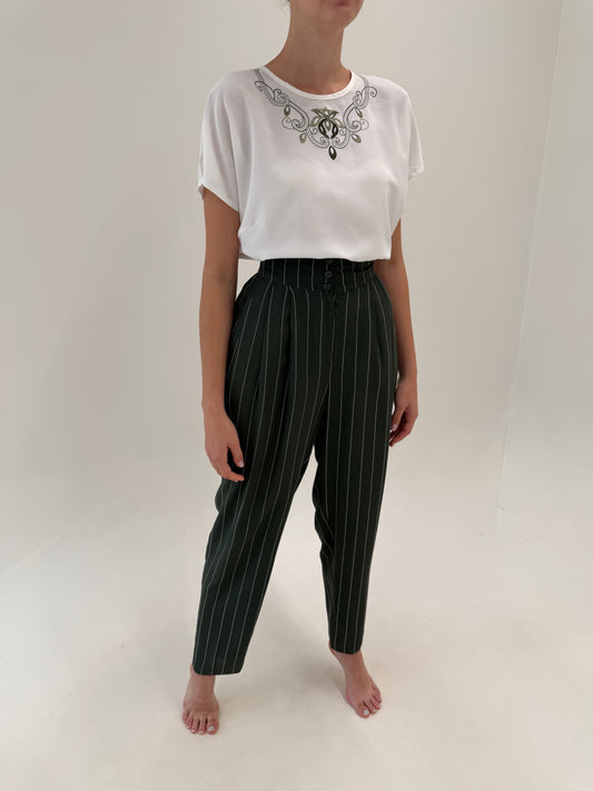 Pantaloni tall cu talie extrem de marcată ultra înaltă în dungi fine