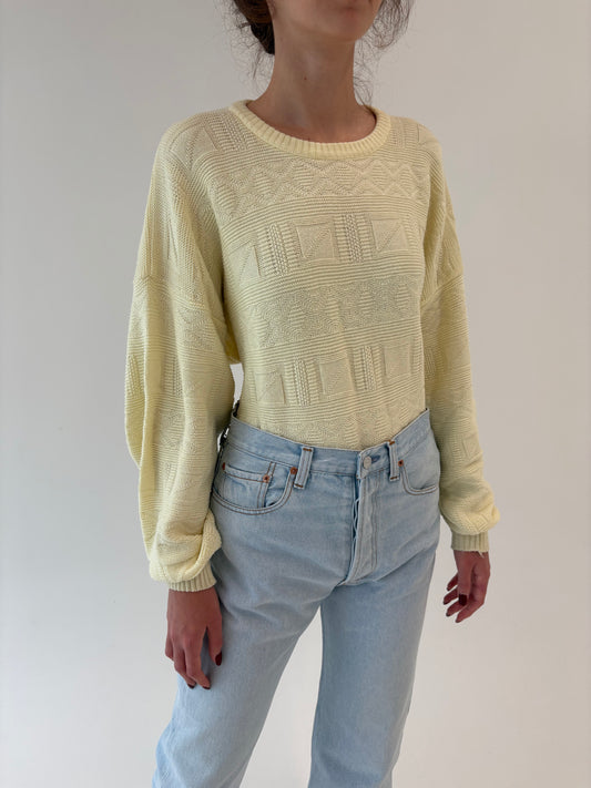 Pulover vintage butter yellow în croi lejer din bumbac de gramaj mare