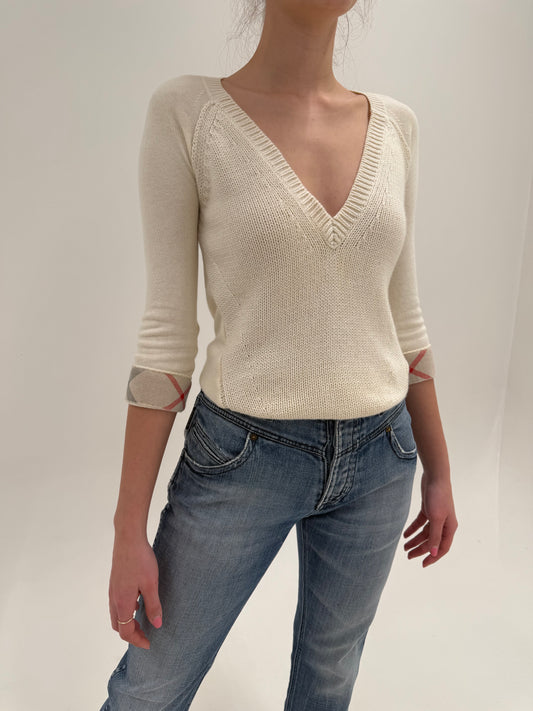 Puloveras Burberry de sezon cald din 2 tipuri de tricot si manșete cu print specific