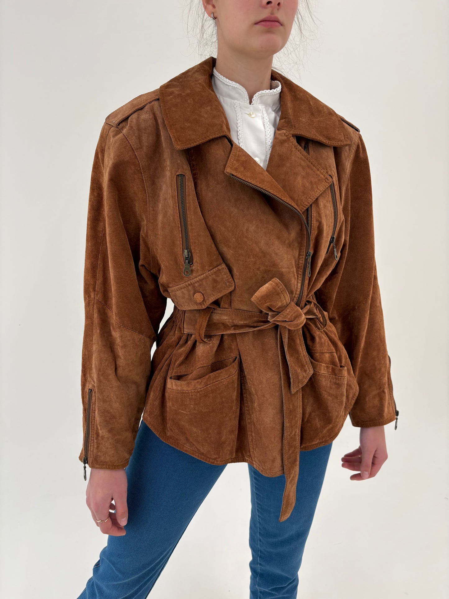 Geacă de brand luxury vintage caramel din piele naturală întoarsă