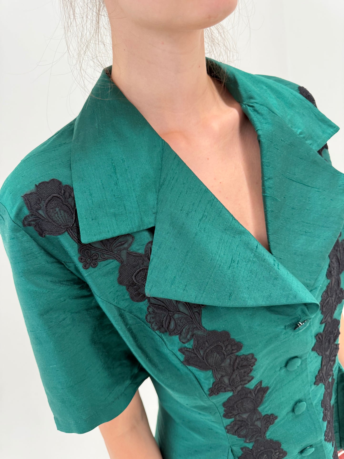 Sacou tip corsaj / cămașă cambrata din mătase naturală dupioni emerald green