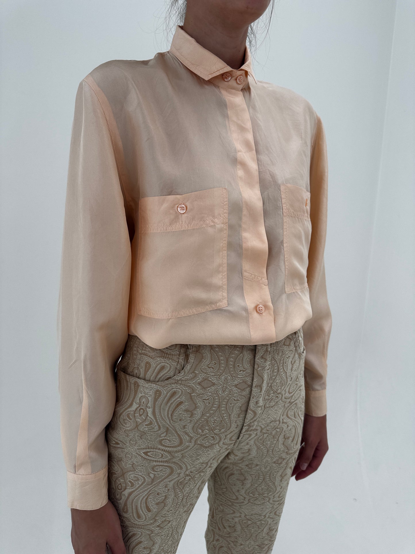 Cămașa vintage din mătase naturală light orange cu influențe casual