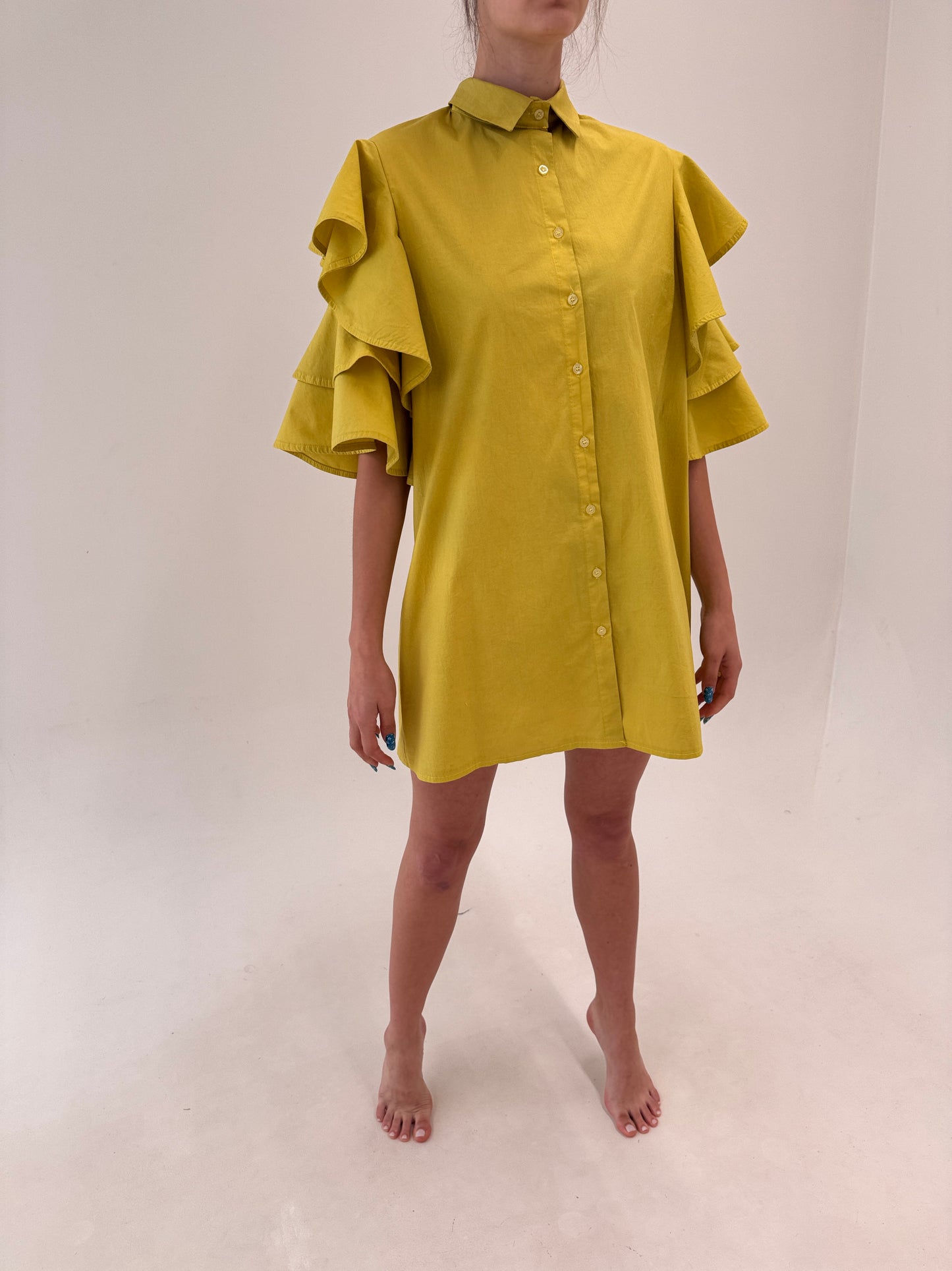 Rochie chartreuse cu mâneci spectaculoase din poplin de bumbac