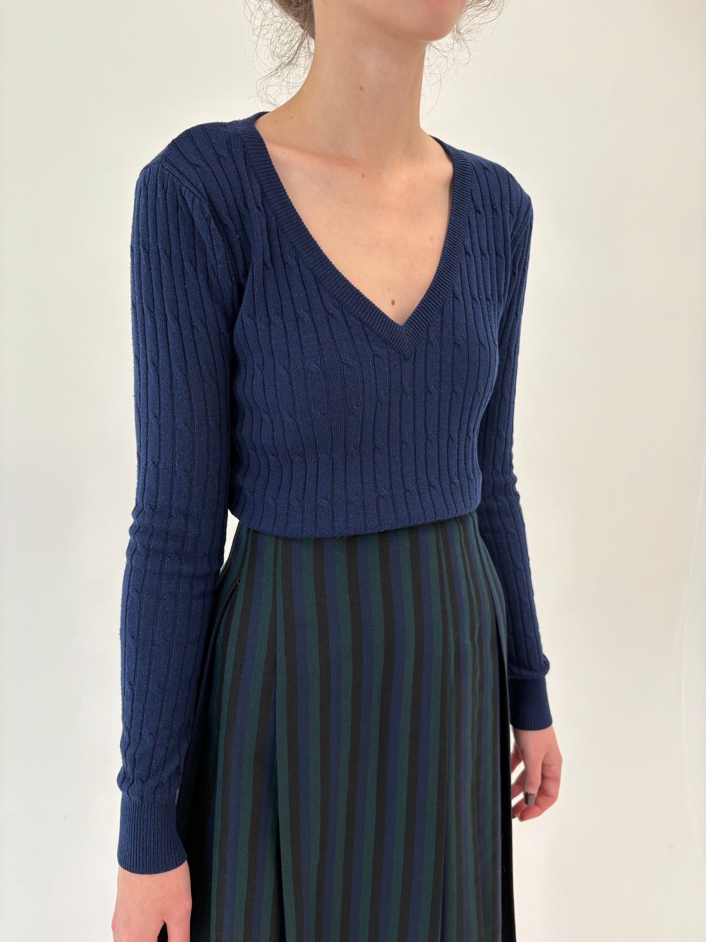 Pulover Navy în anchior cu torsade din lana merino extrafina