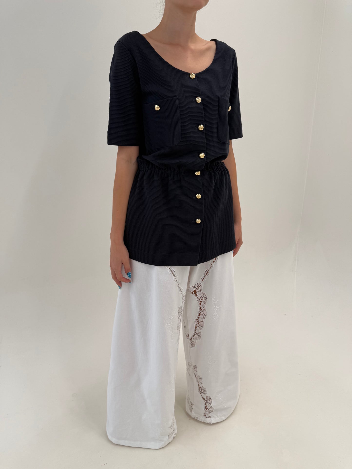 Pantaloni palazzo bijuterie cu broderie manuală excepțională și macrame lucrat manual