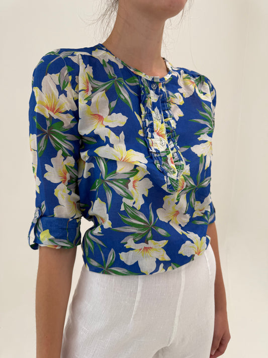 Tunici noi din panzica de bumbac albastru regal cu print floral superb
