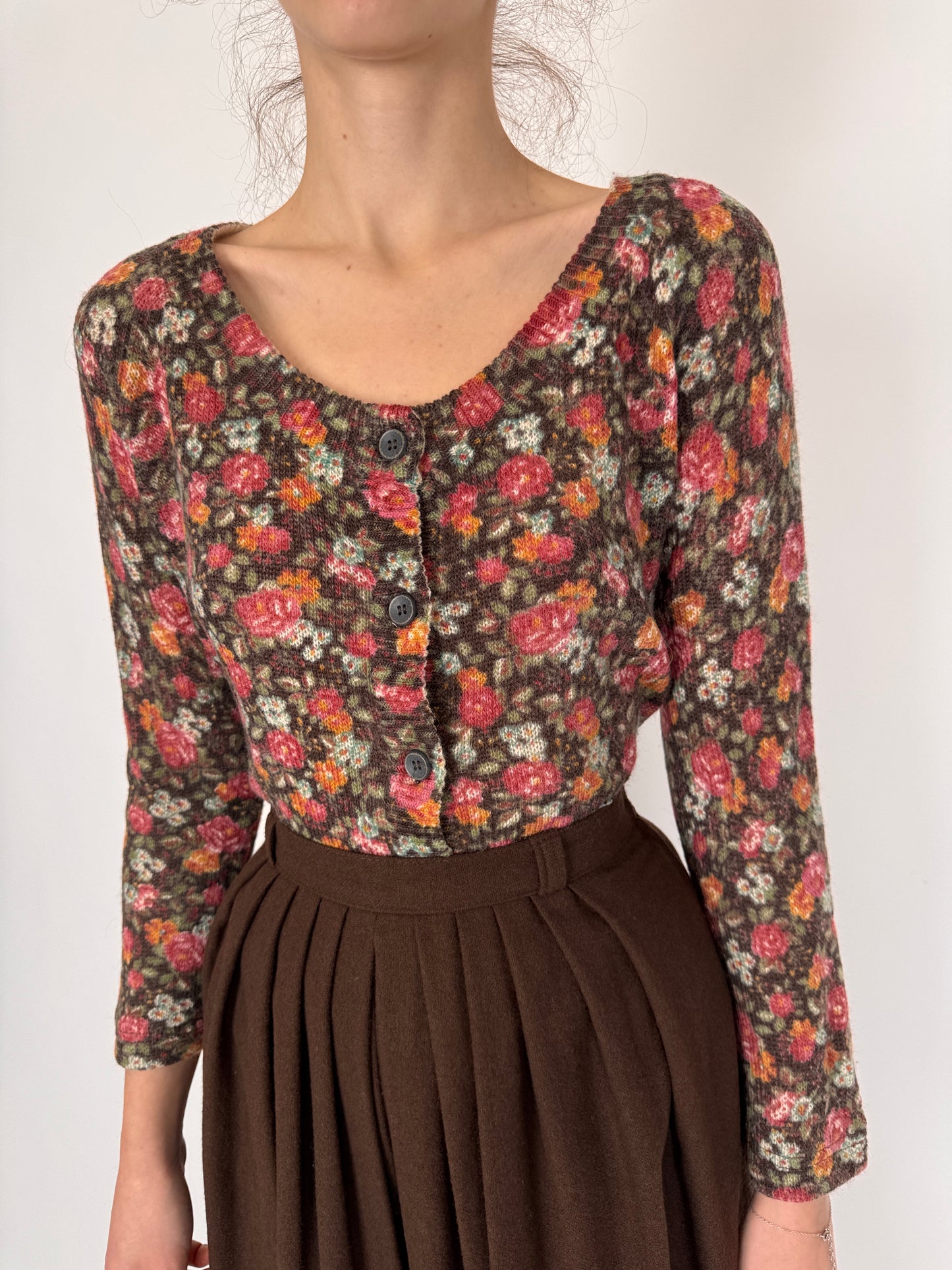 Cardigan dark chocolate cu print floral din lana extrafina