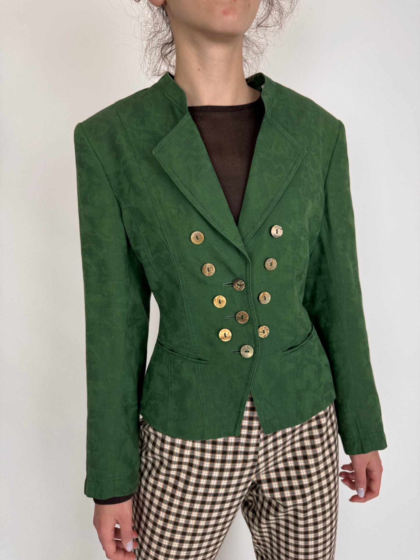 Sacou vintage cambrat forest green din pânză de in și bumbac