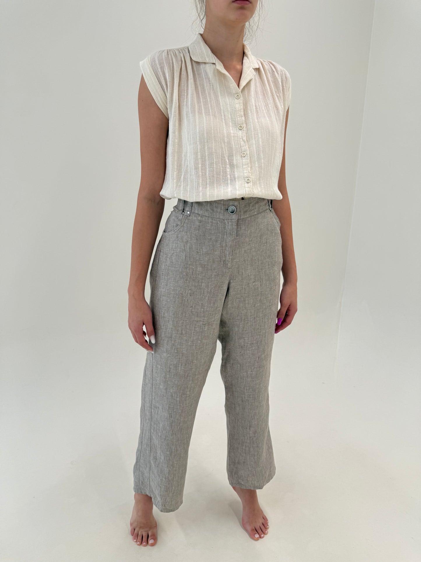 Pantaloni melanj warm gray si camel din in premium în croi drept