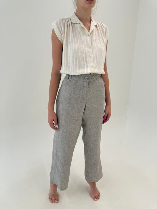 Pantaloni melanj warm gray si camel din in premium în croi drept