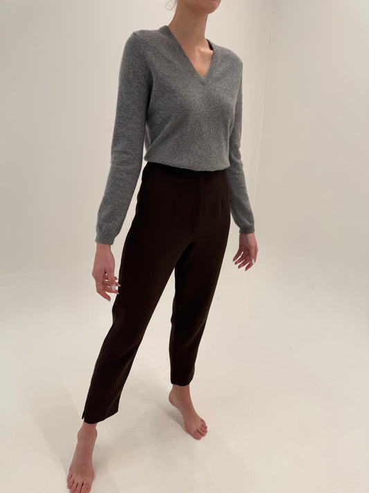 Pantaloni țigaretă chocolate brown cu talie ultra înaltă marcată