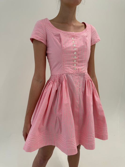 Rochie vintage ultra cambrata cu corsaj cu fusta super amplă și croi deosebit la spate