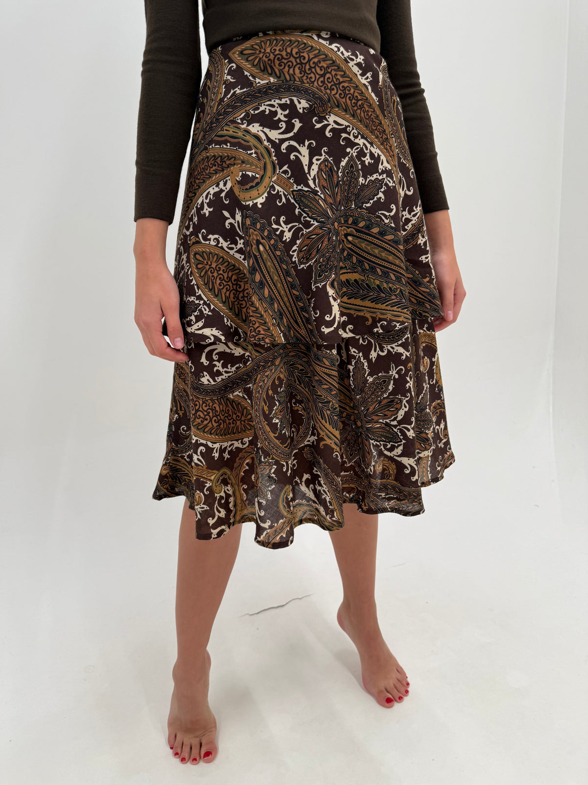 Fustă midi în bie din lana extrafina cu print paisley și nuanțe superbe de maro